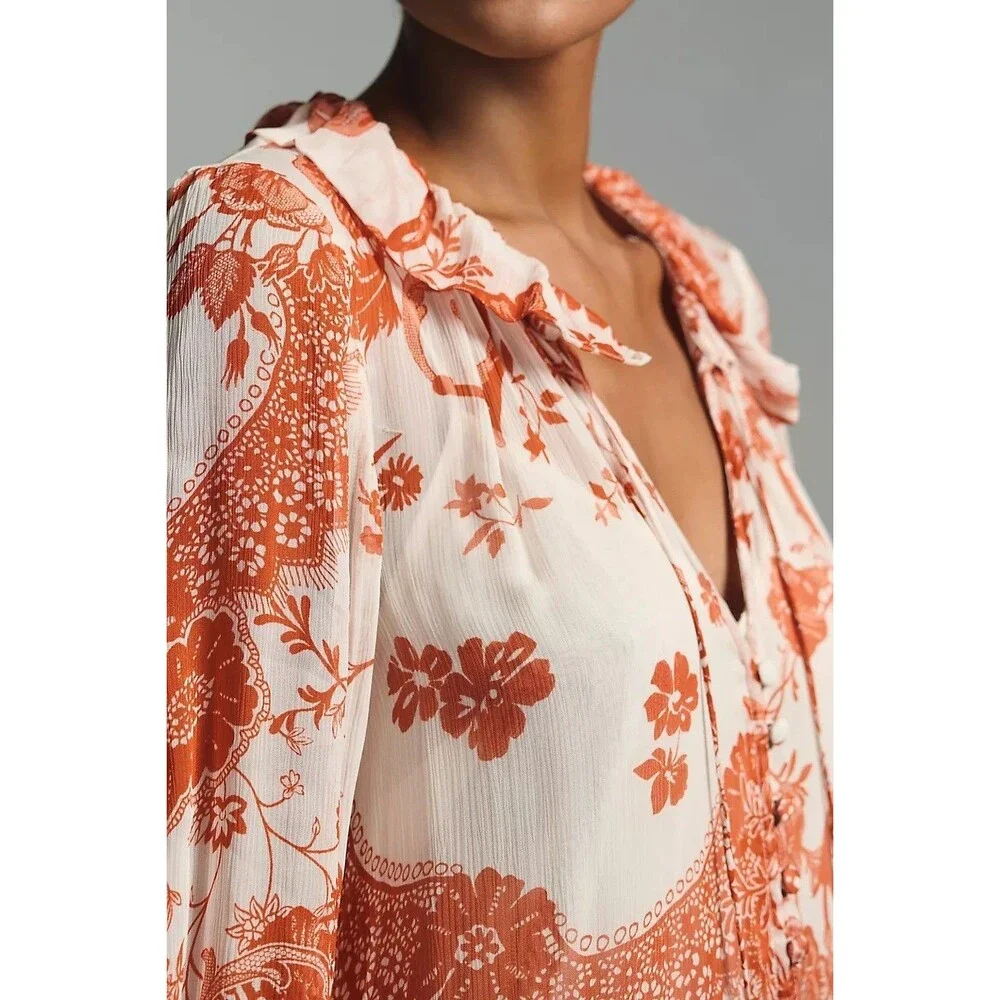 Anthropologie The Marais Printed Chiffon Mini Dress Floral Ruffle XXS 285882